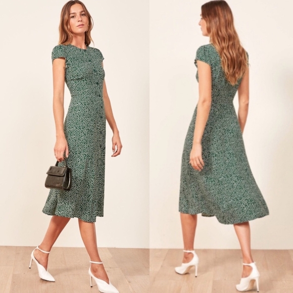 REFORMATION Green White Ditsy Floral Wyoming Button Front Fauna Midi Dress - Picture 4 of 10